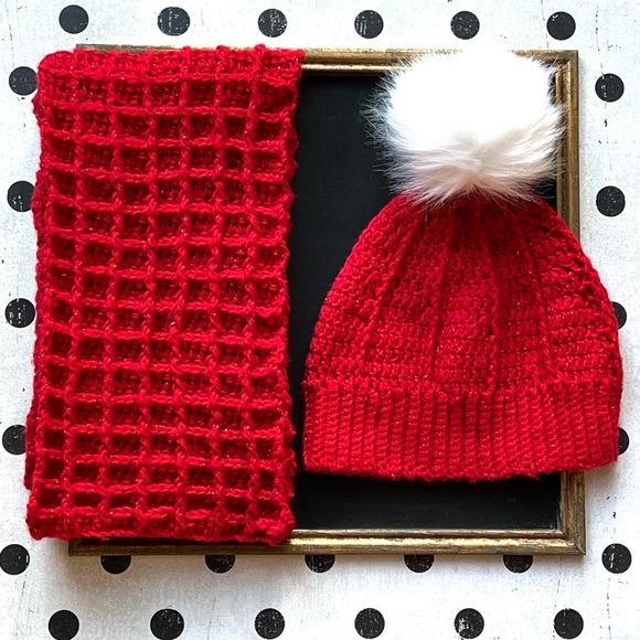 Hand-Crocheted Red Winter Beanie Hat & Waffle-Stitch Scarf Set - Picture 4 of 13